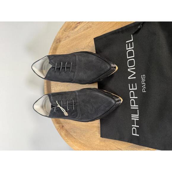 NWB Philippe Model Black Suede Pointed-Toe Lace-Up Oxfords Women’s US 5 - Picture 9 of 11